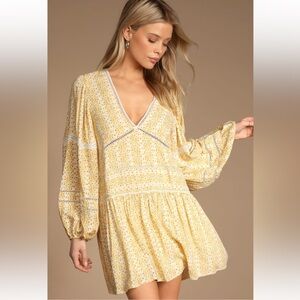 Lulu’s Era Of Style Yellow Floral Long Sleeve Babydoll Swing Mini Dress Medium